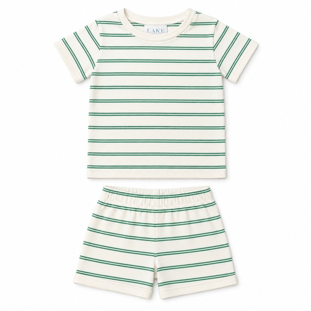 Lake Pima Cotton Striped Pajama Set Kids Unisex Size 3 Green White Loungewear